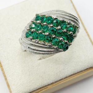 Vintage MCM brushed silver tone sparkling green rhinestone cocktail ring